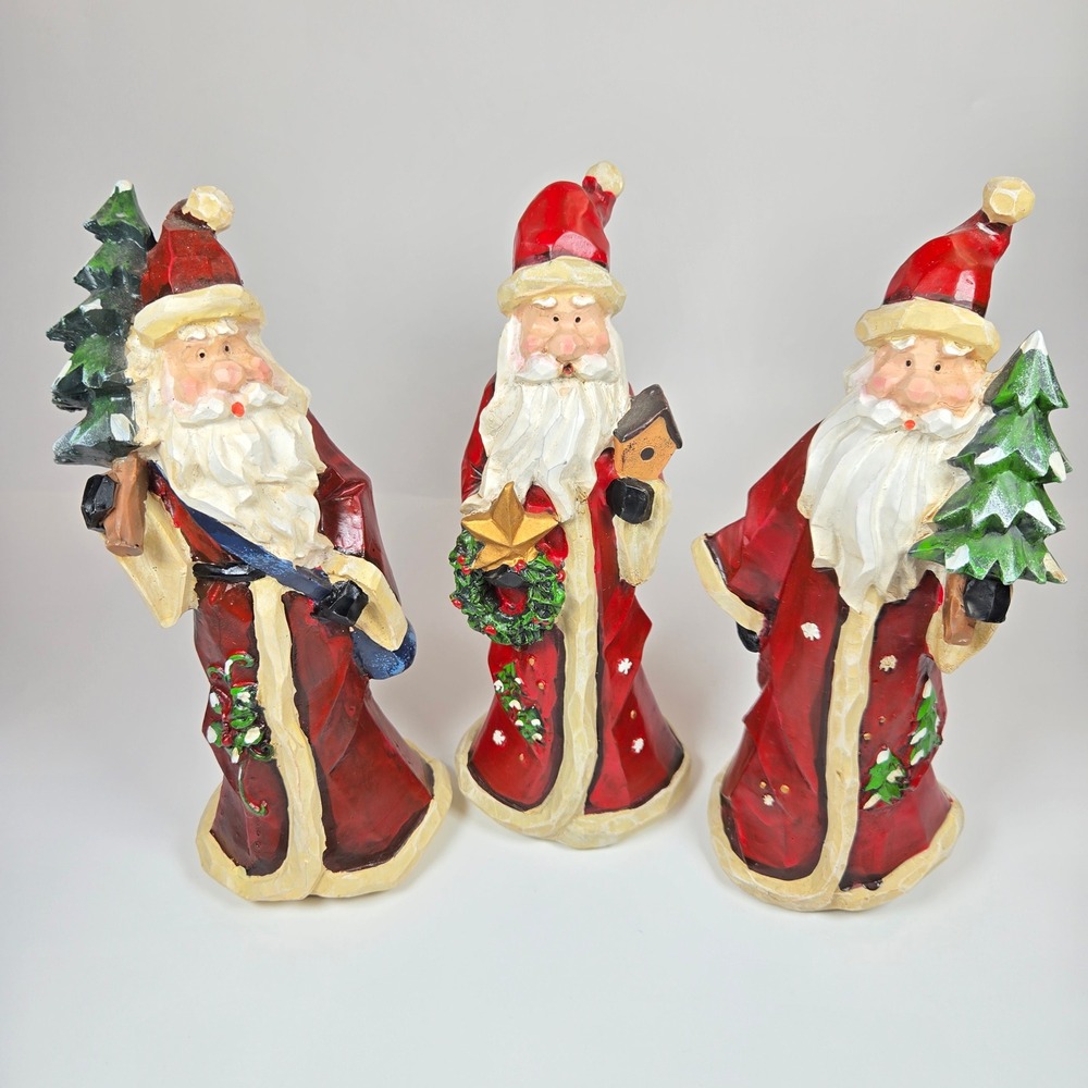 Vintage 3 Rustic Resin Santa Claus Figurines Christmas Folk Art Decor Red Robes